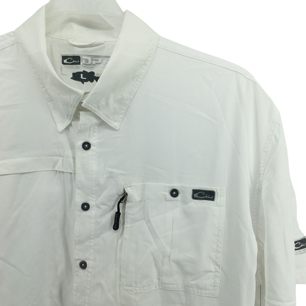 Drake Waterfowl DPF Fishing Shirt Mens Large White Short Sleeve Vented Button Up